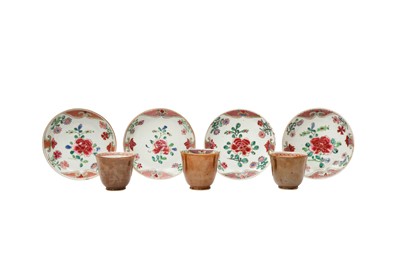 Lot 14 - THREE CHINESE BATAVIAN WARE CUPS AND FOUR SAUCERS