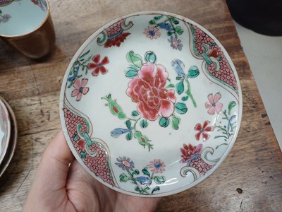 Lot 14 - THREE CHINESE BATAVIAN WARE CUPS AND FOUR SAUCERS