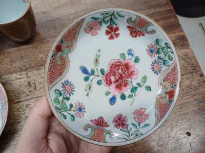 Lot 14 - THREE CHINESE BATAVIAN WARE CUPS AND FOUR SAUCERS