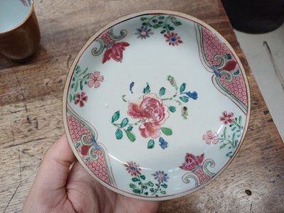 Lot 14 - THREE CHINESE BATAVIAN WARE CUPS AND FOUR SAUCERS