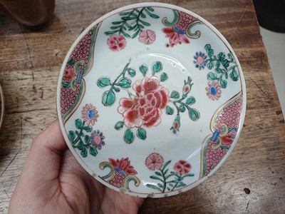 Lot 14 - THREE CHINESE BATAVIAN WARE CUPS AND FOUR SAUCERS