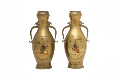 Lot 1013 - A PAIR OF JAPANESE INLAID BRONZE GARLIC MOUTH VASES