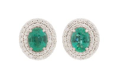 Lot 120 - A PAIR OF EMERALD AND DIAMOND EARRINGS