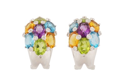 Lot 202 - A PAIR OF DIAMOND AND MULTI-GEM EARRINGS