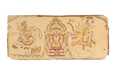 Lot 147 - AN ILLUSTRATED PAGE FROM A JAIN MANUSCRIPT: THE WORSHIP OF A TIRTHANKARA BY TWO HINDU GODS