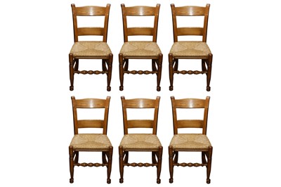 Lot 399 - A SET OF SIX CONTEMPORARY RUSTIC OAK BAR BACK DINING CHAIRS