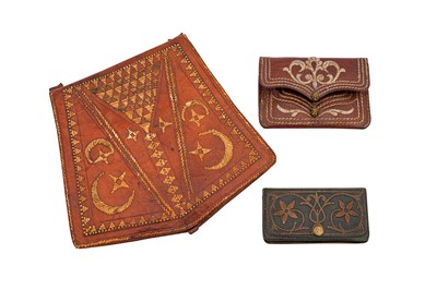 Lot 381 - TWO METAL THREAD-EMBROIDERED LEATHER WALLETS AND A LEATHER DOCUMENT HOLDER