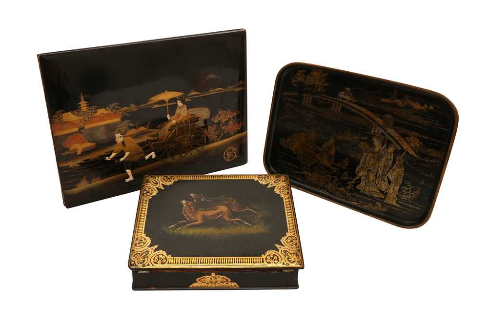 Lot 100 - AN ENGLISH PAPIER MACHE WRITING SLOPE