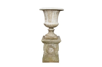 Lot 22 - A PAIR OF RECONSTITUTED STONE CAMPANA URNS ON PLINTHS