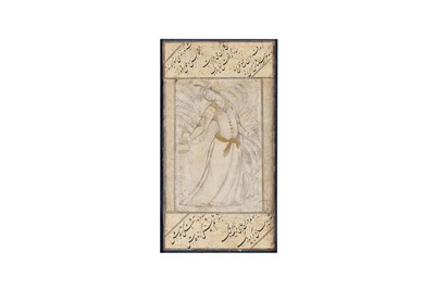 Lot 321 - A MURAQQA’ ALBUM PAGE WITH A PORTRAIT OF A STANDING LADY