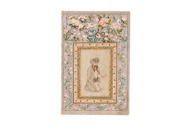Lot 296 - A QAJAR ILLUSTRATED MURAQQA' ALBUM PAGE WITH SHAH ABBAS I'S SEATED PORTRAIT