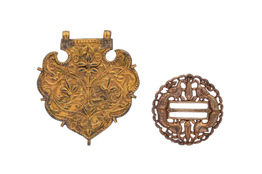 Lot 207 - TWO INDIAN GILT-COPPER DECORATIVE ACCESSORIES