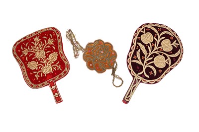 Lot 425 - TWO OTTOMAN EMBROIDERED VELVET FANS AND AN EMBROIDERED DECORATIVE ORNAMENT