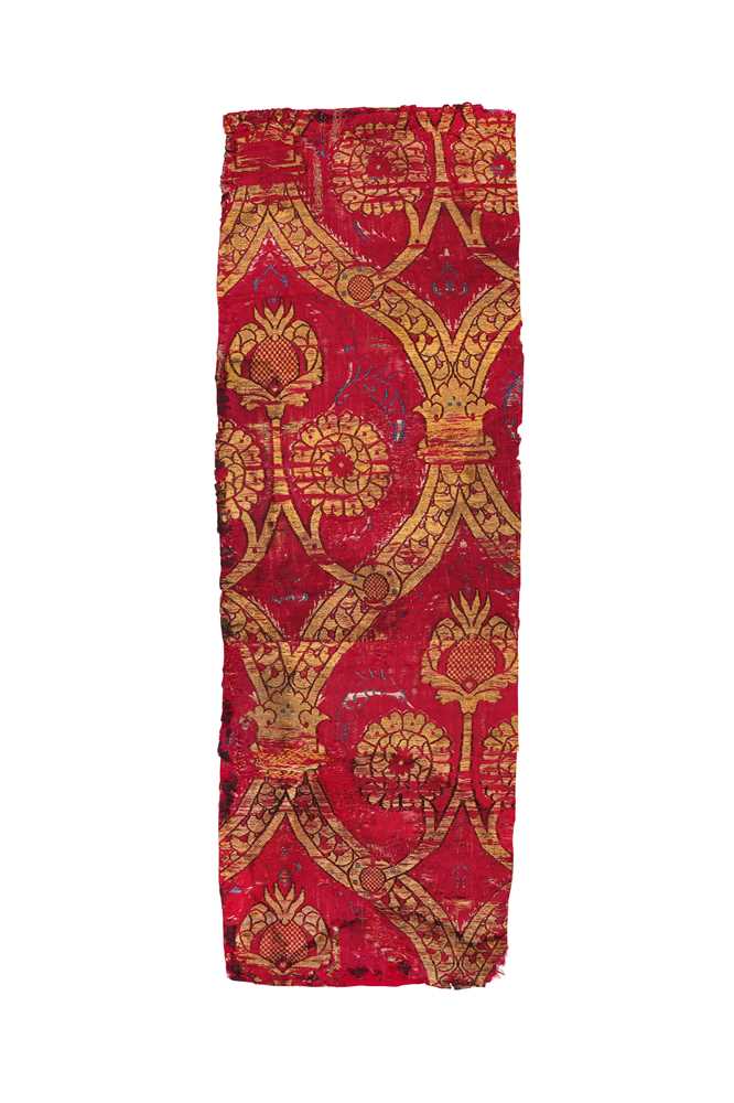 Lot 400 - A PANEL OF BROCADED SILK WITH CARNATIONS AND POMEGRANATES