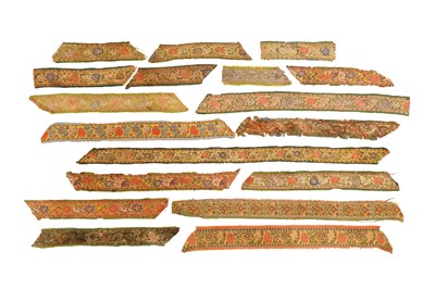 Lot 299 - A GROUP OF BROCADED SILK RIBBONS (HASHIYAS) WITH AVIARY AND FLORAL MOTIFS