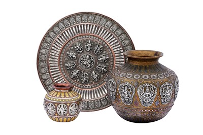 Lot 142 - THREE TANJORE SILVER AND COPPER-OVERLAID VESSELS