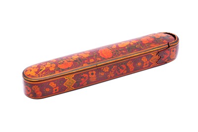 Lot 327 - A FINE LACQUERED PAPIER-MÂCHÉ PEN CASE (QALAMDAN) WITH MOTHER-OF-PEARL INKWELL (DAWAT)