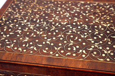 Lot 233 - λ A SMALL INDO-PORTUGUESE CARVED ROSEWOOD IVORY-INLAID PORTABLE TABLE CABINET (VARGUENO)