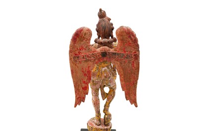Lot 107 - A CARVED WOODEN GILT AND POLYCHROME-PAINTED STATUE OF A WINGED APSARA