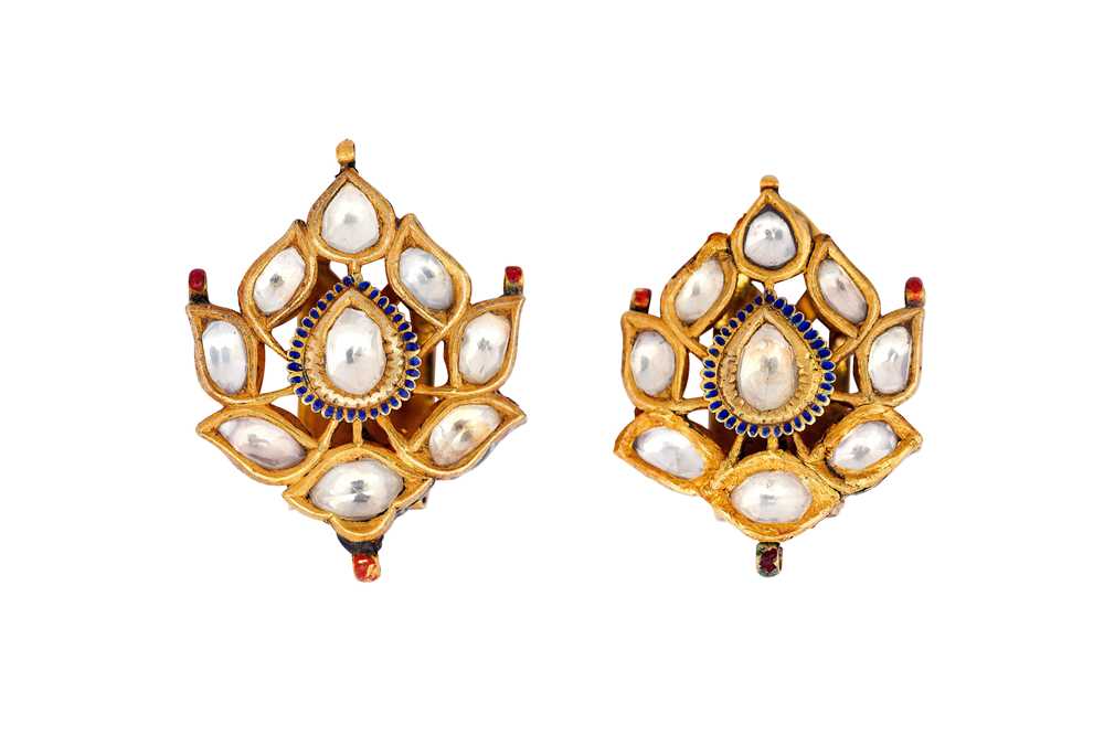 Lot 267 - A PAIR OF POLYCHROME ENAMELLED GEM-SET LOTUS EARRINGS