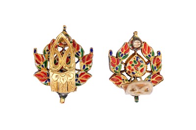 Lot 267 - A PAIR OF POLYCHROME ENAMELLED GEM-SET LOTUS EARRINGS