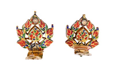 Lot 267 - A PAIR OF POLYCHROME ENAMELLED GEM-SET LOTUS EARRINGS