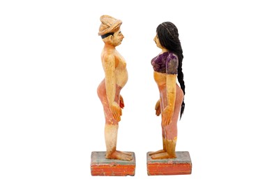 Lot 106 - A PAIR OF HARDWOOD POLYCHROME-PAINTED LACQUERED SOUTHERN INDIAN MARAPACHI DOLLS (MARAPACHI BOMMAIS)