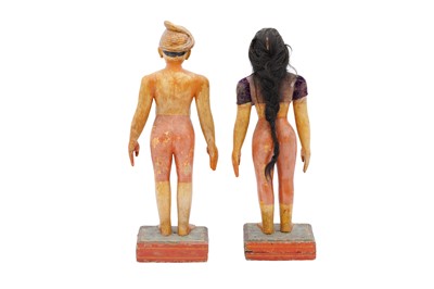 Lot 106 - A PAIR OF HARDWOOD POLYCHROME-PAINTED LACQUERED SOUTHERN INDIAN MARAPACHI DOLLS (MARAPACHI BOMMAIS)
