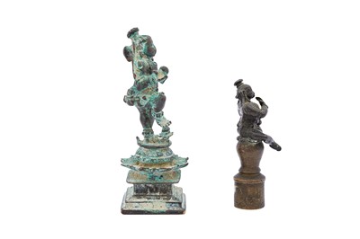 Lot 121 - TWO SMALL SOUTH INDIAN BRONZE FIGURAL FINIALS OF LORD KRISHNA