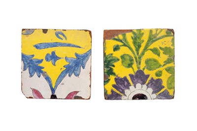 Lot 293 - FOUR SQUARE FRAGMENTS OF CUERDA SECA POTTERY TILES