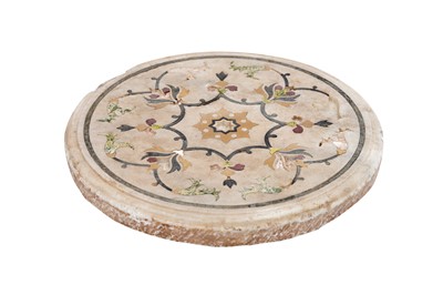 Lot 268 - A MUGHAL PIETRA DURA WHITE MARBLE ARCHITECTURAL ROUNDEL