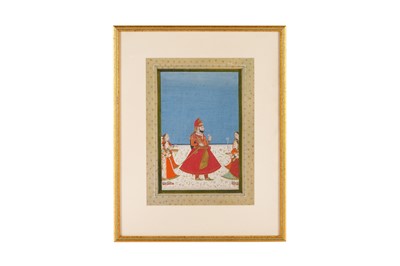 Lot 199 - A STANDING PORTRAIT OF A RAJPUT RULER WITH FOUR ATTENDANTS