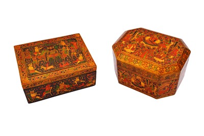 Lot 260 - TWO KASHMIRI POLYCHROME-PAINTED AND LACQUERED PAPIER-MÂCHÉ LIDDED BOXES WITH FIGURAL MOTIFS