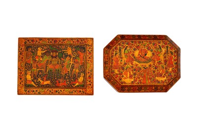 Lot 260 - TWO KASHMIRI POLYCHROME-PAINTED AND LACQUERED PAPIER-MÂCHÉ LIDDED BOXES WITH FIGURAL MOTIFS