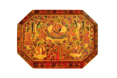 Lot 260 - TWO KASHMIRI POLYCHROME-PAINTED AND LACQUERED PAPIER-MÂCHÉ LIDDED BOXES WITH FIGURAL MOTIFS