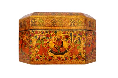 Lot 260 - TWO KASHMIRI POLYCHROME-PAINTED AND LACQUERED PAPIER-MÂCHÉ LIDDED BOXES WITH FIGURAL MOTIFS