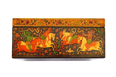 Lot 260 - TWO KASHMIRI POLYCHROME-PAINTED AND LACQUERED PAPIER-MÂCHÉ LIDDED BOXES WITH FIGURAL MOTIFS