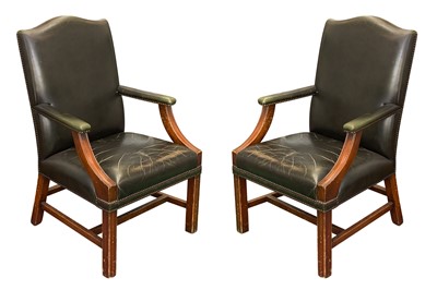 Lot 400 - A PAIR OF GREEN LEATHER UPHOLSTERED GAINSBROUGH-STYLE ARMCHAIRS