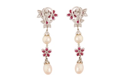 Lot 38 - A PAIR OF CULTURED PEARL, RUBY AND DIAMOND EARRINGS