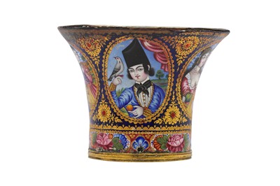 Lot 26 - A POLYCHROME-PAINTED ENAMELLED COPPER QALYAN CUP WITH QAJAR YOUTHS AND MAIDENS