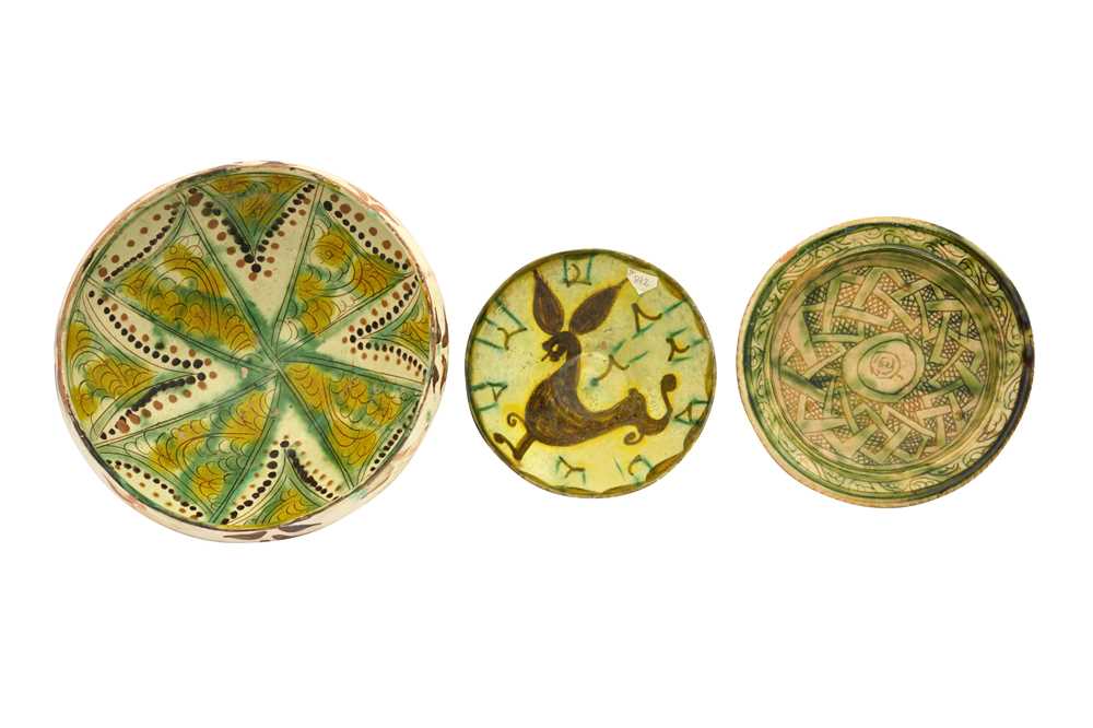 Lot 13 - THREE MEDIEVAL IRANIAN GREEN-SPLASHED POTTERY VESSELS