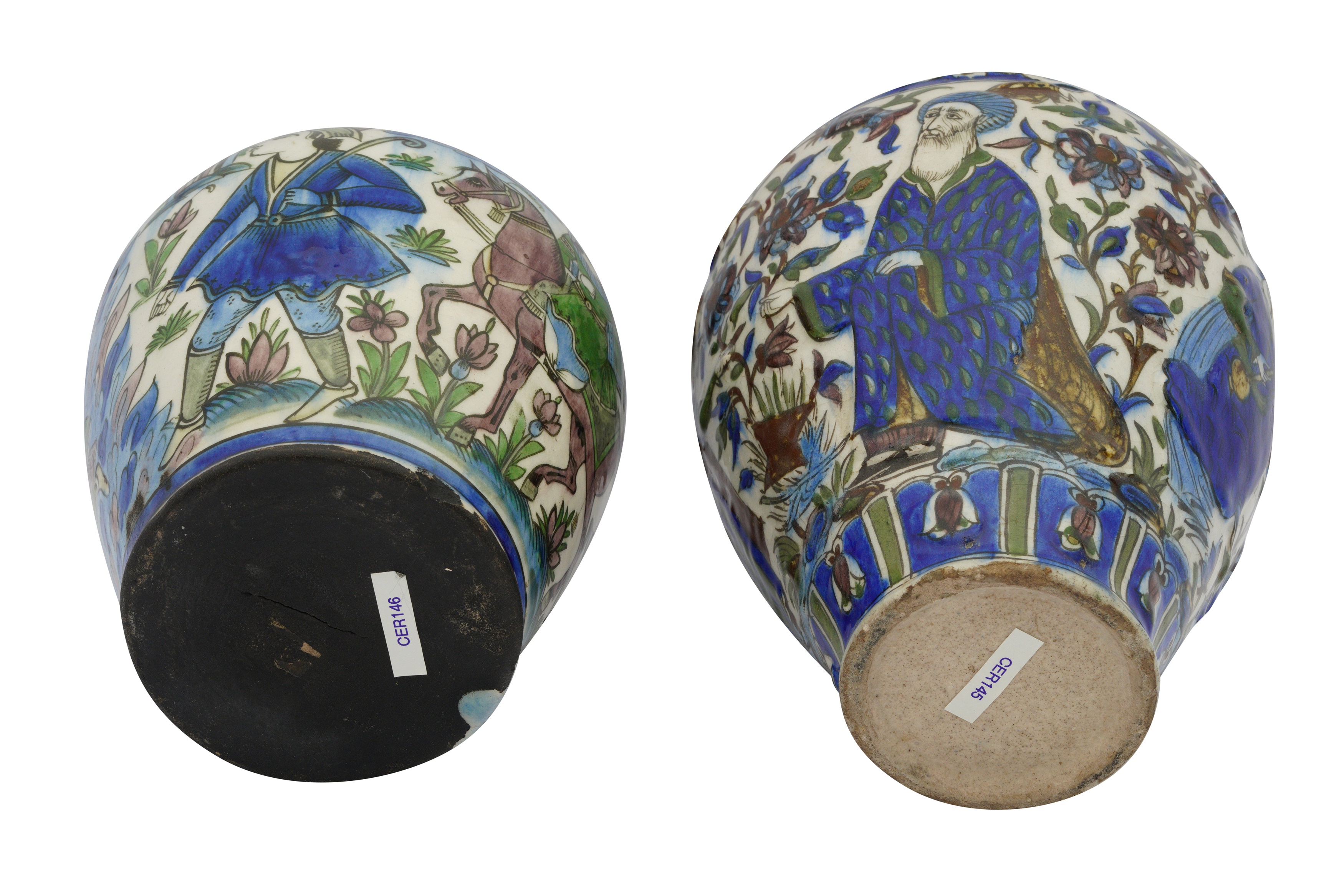 Lot 52 - TWO POLYCHROME-PAINTED FIGURAL POTTERY VASES