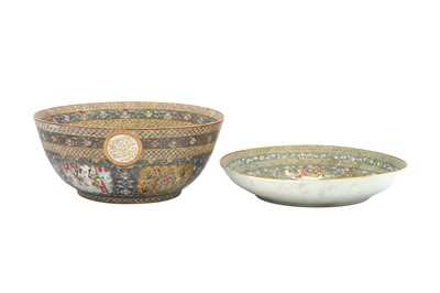 Lot 75 - A LARGE CANTON 'FAMILLE ROSE' PORCELAIN BOWL AND DISH FROM THE ZILL AL-SULTAN'S "BLUE SERVICE"