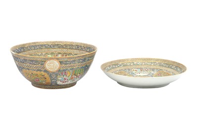 Lot 76 - A LARGE CANTON 'FAMILLE ROSE' PORCELAIN BOWL AND DISH FROM THE ZILL AL-SULTAN'S "BLUE SERVICE"