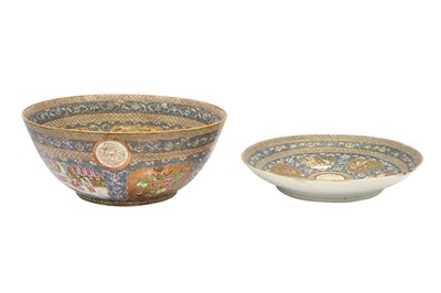 Lot 77 - A LARGE CANTON 'FAMILLE ROSE' PORCELAIN BOWL AND DISH FROM THE ZILL AL-SULTAN'S "BLUE SERVICE"
