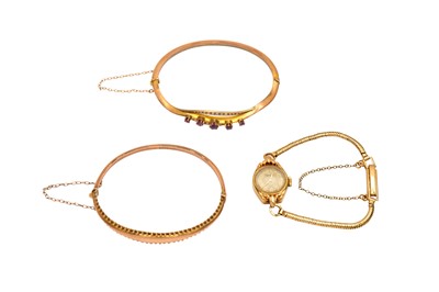 Lot 7 - TWO BANGLES AND A 9CT GOLD ROTARY WATCH