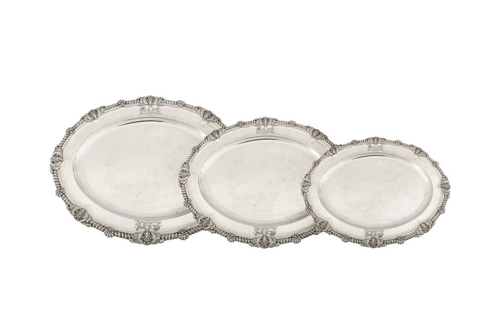 Lot 445 - Baron Cahir – A fine graduated set of three George III sterling silver meat dishes, London 1811 by Paul Storr (1771-1844, first reg. 12th Jan 1793)