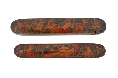 Lot 49 - TWO QAJAR LACQUERED PAPIER-MÂCHÉ PEN CASES (QALAMDAN) WITH RECLINED NUDE WESTERN LADIES