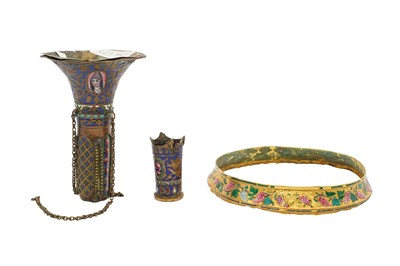 Lot 28 - THREE POLYCHROME-PAINTED ENAMELLED QALYAN COPPER AND GOLD ELEMENTS
