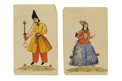 Lot 29 - TWO STANDING PORTRAITS OF QAJAR COURTLY FIGURES